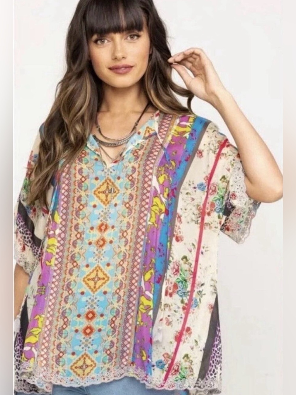 Johnny Was Boho Floral Mixed-Print Tunic Top Small